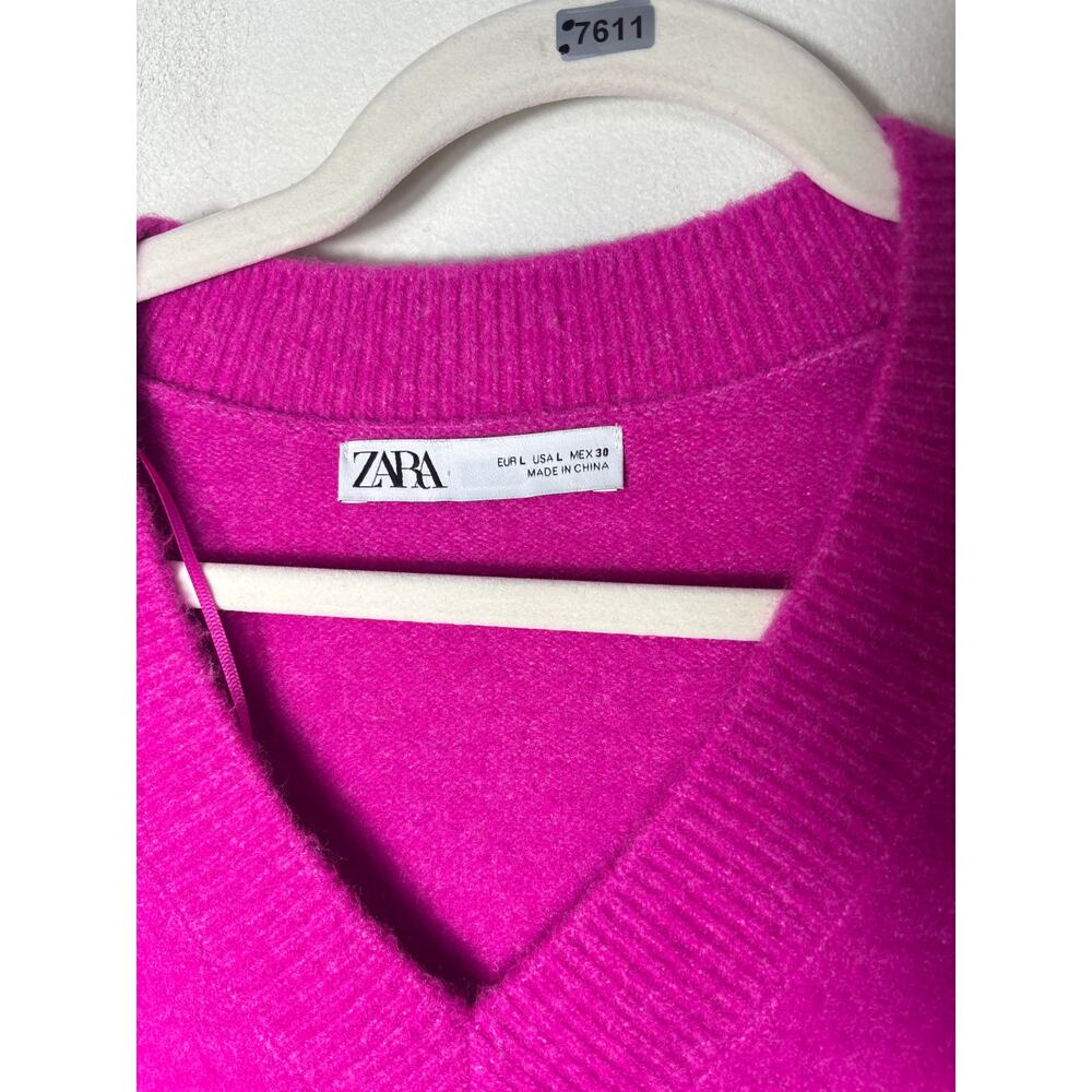 Zara Hot Pink Long Sleeve V-Neck Sweater Sz L - Picture 2 of 3